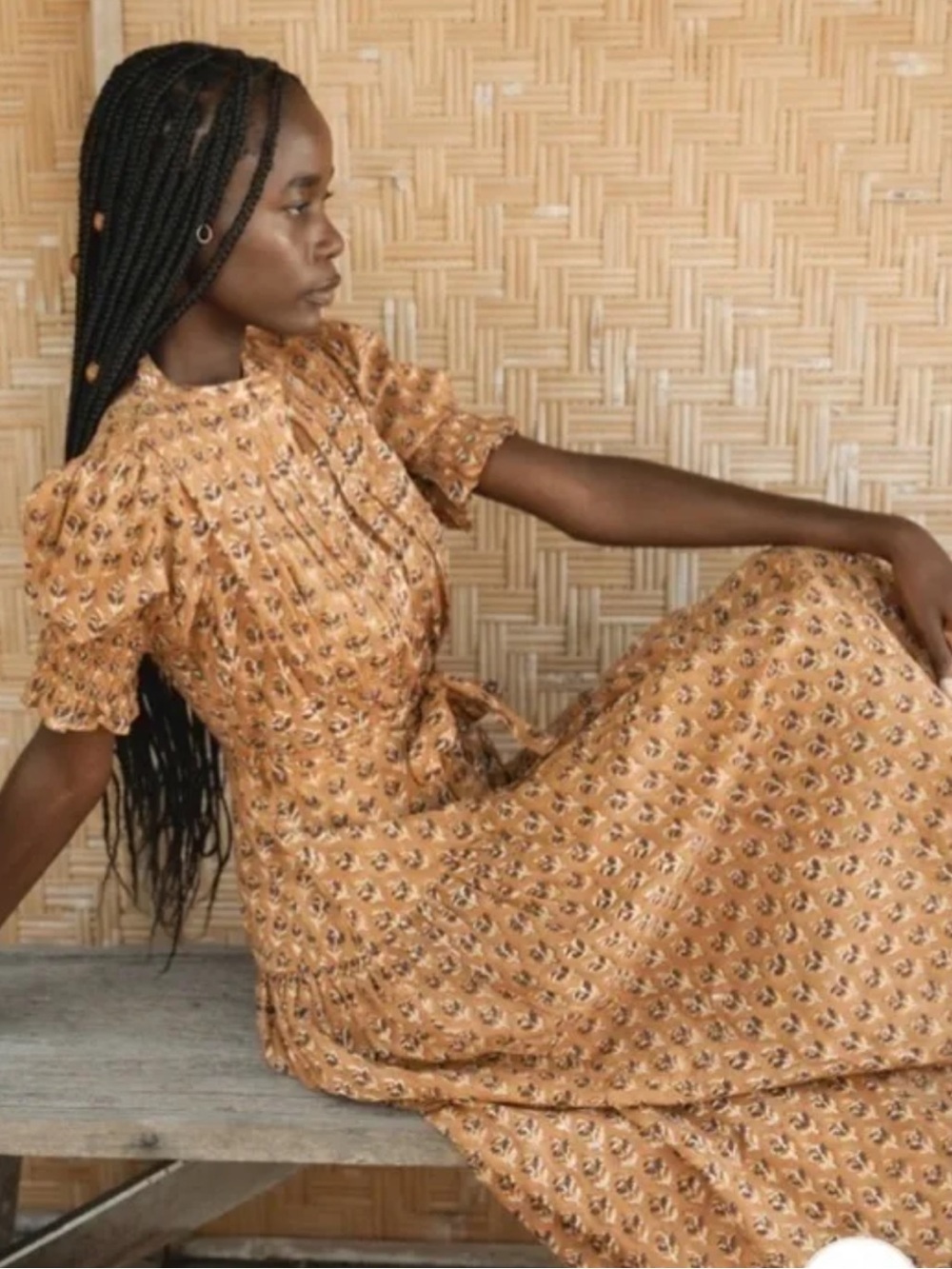 Daughter of India Prairie Dress Autumn Block Print Cotton Puff Sleeve Small